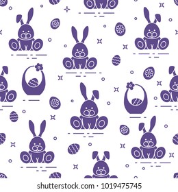 Seamless pattern with Easter symbols. Rabbits, eggs, baskets of decorated eggs. 