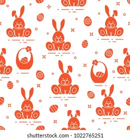 Seamless pattern with Easter symbols. Rabbits, eggs, baskets of decorated eggs. 