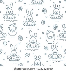 Seamless pattern with Easter symbols. Rabbits, eggs, baskets of decorated eggs. 
