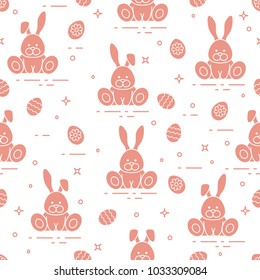 Seamless pattern with Easter symbols. Rabbits, decorated eggs. 