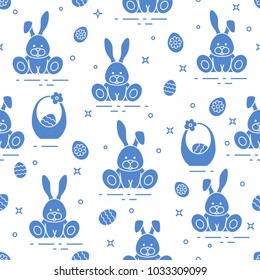 Seamless pattern with Easter symbols. Rabbits, eggs, baskets of decorated eggs. 