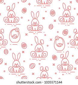 Seamless pattern with Easter symbols. Rabbits, eggs, baskets of decorated eggs. 