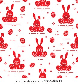 Seamless pattern with Easter symbols. Rabbits, decorated eggs. 
