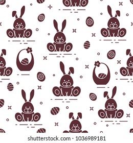 Seamless pattern with Easter symbols. Rabbits, eggs, baskets of decorated eggs. 