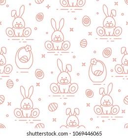 Seamless pattern with Easter symbols. Rabbits, eggs, baskets of decorated eggs. 