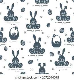 Seamless pattern with Easter symbols. Rabbits, eggs, baskets of decorated eggs. 
