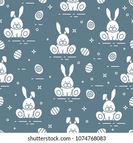 Seamless pattern with Easter symbols. Rabbits, decorated eggs. 