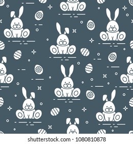 Seamless pattern with Easter symbols. Rabbits, decorated eggs. 