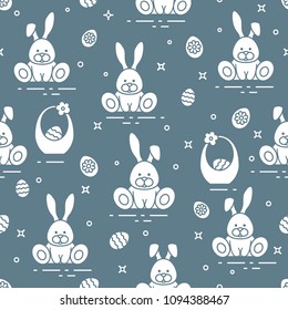 Seamless pattern with Easter symbols. Rabbits, eggs, baskets of decorated eggs. 