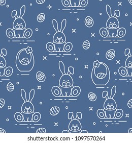 Seamless pattern with Easter symbols. Rabbits, eggs, baskets of decorated eggs. 