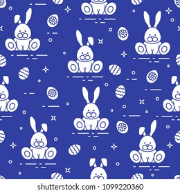 Seamless pattern with Easter symbols. Rabbits, decorated eggs. 