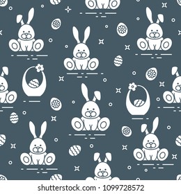 Seamless pattern with Easter symbols. Rabbits, eggs, baskets of decorated eggs. 