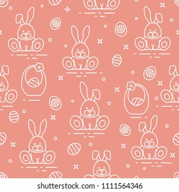Seamless pattern with Easter symbols. Rabbits, eggs, baskets of decorated eggs. 