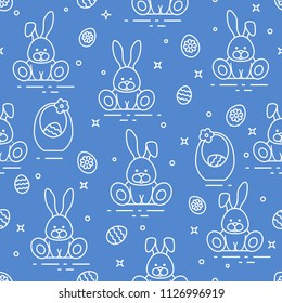 Seamless pattern with Easter symbols. Rabbits, eggs, baskets of decorated eggs. 