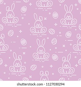 Seamless pattern with Easter symbols. Rabbits, decorated eggs. 
