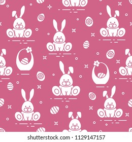 Seamless pattern with Easter symbols. Rabbits, eggs, baskets of decorated eggs. 