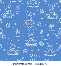 Seamless pattern with Easter symbols. Rabbits, decorated eggs. 