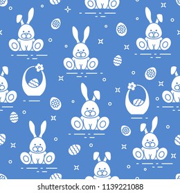Seamless pattern with Easter symbols. Rabbits, eggs, baskets of decorated eggs. 