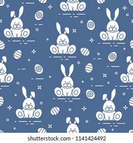 Seamless pattern with Easter symbols. Rabbits, decorated eggs. 
