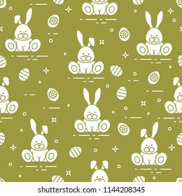 Seamless pattern with Easter symbols. Rabbits, decorated eggs. 