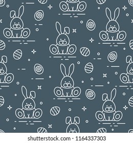 Seamless pattern with Easter symbols. Rabbits, decorated eggs. 