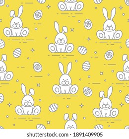 Seamless pattern with Easter symbols. Rabbits, decorated eggs.  Illuminating and Ultimate Gray.
