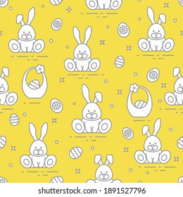 Seamless pattern with Easter symbols. Rabbits, eggs, baskets of decorated eggs.  Illuminating and Ultimate Gray.