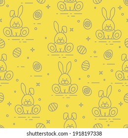 Seamless pattern with Easter symbols. Rabbits, decorated eggs.  Illuminating and Ultimate Gray.