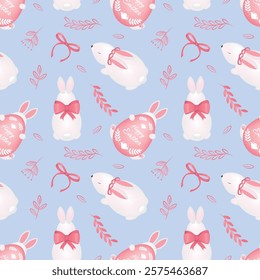 Seamless pattern with Easter theme featuring Easter egg, Easter bunny, Happy Easter inscription in blue.