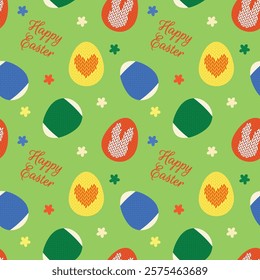 Seamless pattern with Easter theme featuring Easter egg, Happy Easter lettering in green with knitted texture.