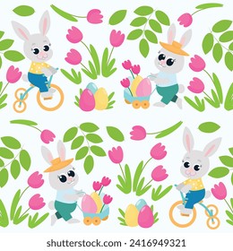 Seamless pattern. Easter pattern of tulips and bunnies with flowers and decorative eggs in cartoon style. The bunny carries eggs and rides a bicycle.