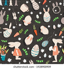 Seamless pattern. Easter. Easter white bunnies. Carrot. Eggs. Flowers. Isolated decorative ornaments. Brown pastel background with linen texture. Vector for packaging designs, fabric prints, etc.