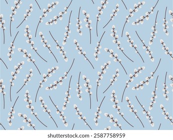 Seamless pattern Easter willow branches. Background of blooming willow branches on a blue background. Vector Spring background for Easter, Spring