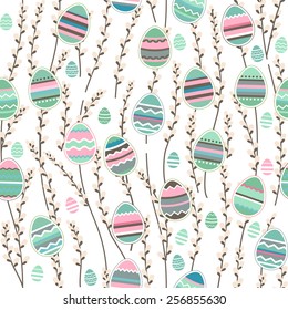 Seamless pattern with easter willow and painted eggs