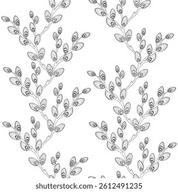 Seamless pattern of easter willows on a white background. Vector illustration. For fabric, wallpaper, packing paper, greeting cards, design, decoration and illustration.