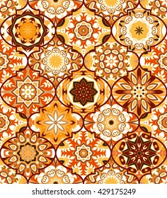 Seamless pattern. Eastern decorative elements. Hand drawn background. Islam, Arabic, Indian, ottoman motifs. Perfect for printing on fabric or paper. Mandala set (within clipping mask) Orange brown.