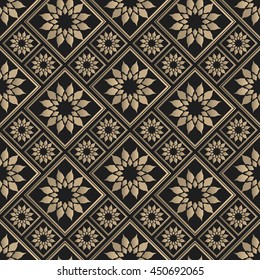 Seamless pattern with eastern design. Checkered background swatch. Floral black and golden textile print.