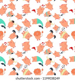 Seamless pattern. Eastern horoscope signs of the zodiac with the symbol of 2019 - the pig. 