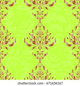 Seamless pattern in Eastern style with brown and green elements. Vector sketch for cards, thank you message, printing. Vintage seamless grid for design template.