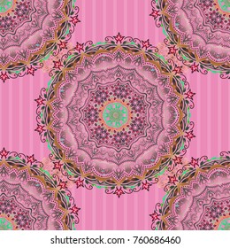 Seamless pattern in Eastern style with brown, green and pink elements. Vector sketch for cards, thank you message, printing. Vintage seamless grid for design template.