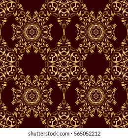 Seamless pattern in Eastern style with floral golden elements. Vector sketch for cards, thank you message, printing. Vintage seamless border and grid for design template on a brown background.