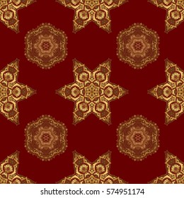 Seamless pattern in Eastern style with floral golden elements. Vector sketch for cards, thank you message, printing. Vintage seamless border and grid for design template on a red background.
