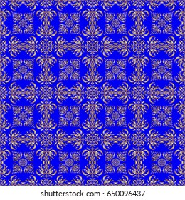 Seamless pattern in Eastern style with floral golden elements. Vector sketch for cards, thank you message, printing. Vintage seamless border and grid for design template on a blue background.