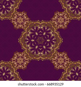 Seamless pattern in Eastern style with floral golden elements. Vector sketch for cards, thank you message, printing. Vintage seamless border and grid for design template on a purple background.