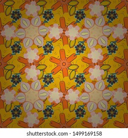 Seamless pattern in Eastern style with yellow, beige and brown elements. Vintage seamless grid for design template. Vector sketch for cards, thank you message, printing.