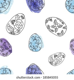 Seamless pattern with eater eggs. Vector illustration with watercolor elements