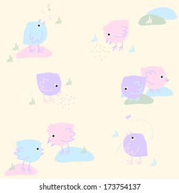 Seamless Pattern with Eating Singing and Dreaming Birds on a Light Background. Simple kid background with Pink Blue Violet Chickens. Plain shadeless texture with chicks for decoration or background.