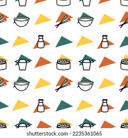Seamless pattern with eating utensils. Asian food. Vector illustration. Orange yellow aquamarine