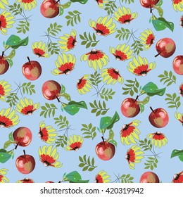 Seamless pattern. Echinacea Evening Glow and apples. Vector 8.