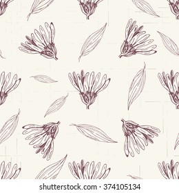 Seamless pattern echinacea flowers. Vintage inky echinacea vector background. Sketch medicinal herbs seamless texture. Hand drawn illustration for print, decoration, design, web, wrapping, wallpaper